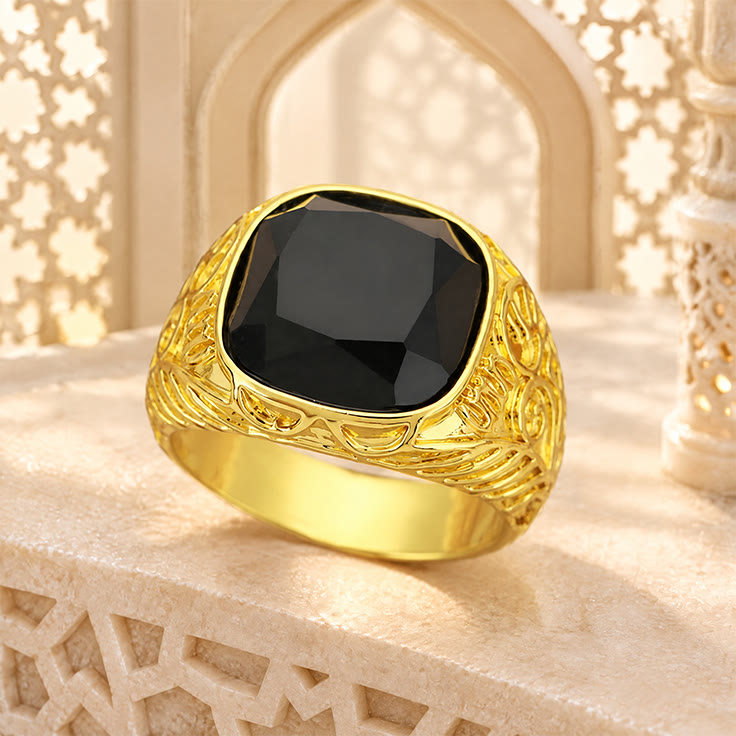 HilalHaven Noir Majesty Vintage Court Hollow Carved Black Gem Gold Tone Men's Ring - image 0