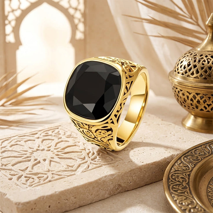 HilalHaven Noir Majesty Vintage Court Hollow Carved Black Gem Gold Tone Men&