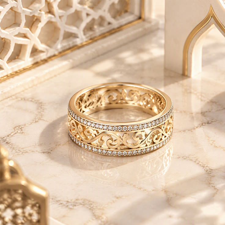 HilalHaven Lattice Bloom Arabesque Geometric Hollow Inlaid Zircon Gold Tone Copper Ladies Ring - image 4