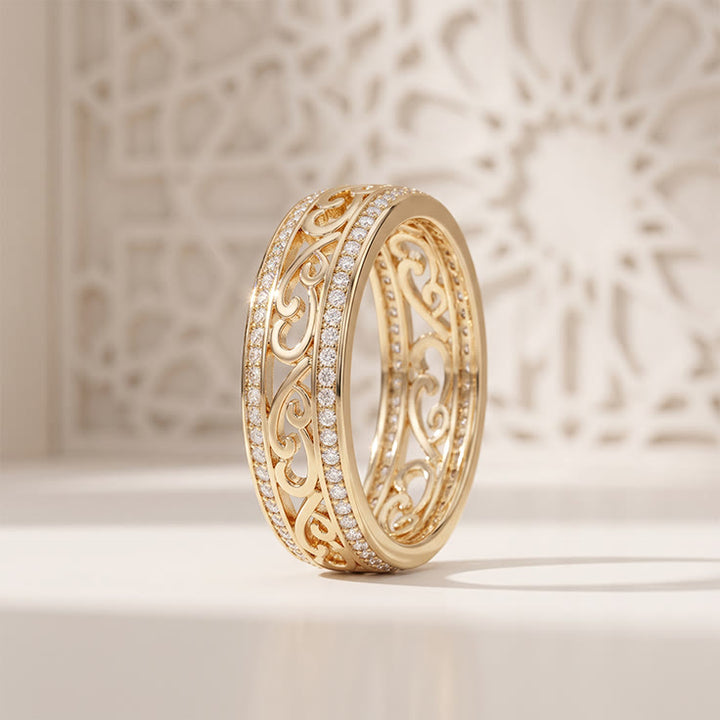 HilalHaven Lattice Bloom Arabesque Geometric Hollow Inlaid Zircon Gold Tone Copper Ladies Ring - image 3