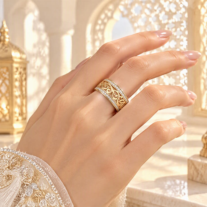 HilalHaven Lattice Bloom Arabesque Geometric Hollow Inlaid Zircon Gold Tone Copper Ladies Ring - image 2