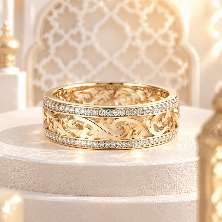 HilalHaven Lattice Bloom Arabesque Geometric Hollow Inlaid Zircon Gold Tone Copper Ladies Ring - US 6 - image 5