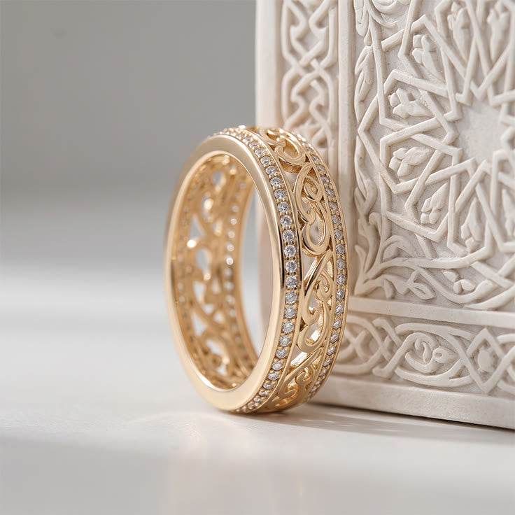 HilalHaven Lattice Bloom Arabesque Geometric Hollow Inlaid Zircon Gold Tone Copper Ladies Ring - image 0