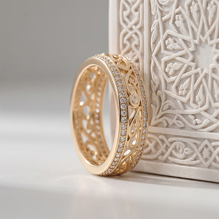 HilalHaven Lattice Bloom Arabesque Geometric Hollow Inlaid Zircon Gold Tone Copper Ladies Ring - image 0