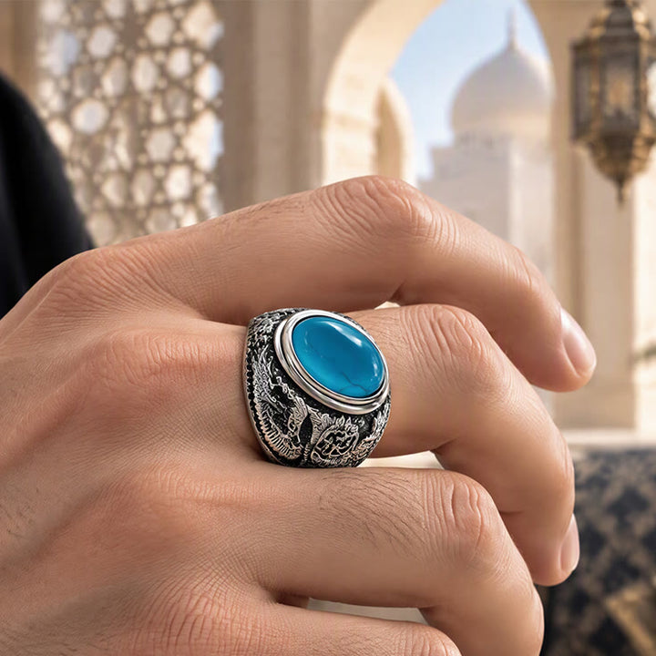 HilalHaven Eagle Crest Carved Turquoise Inlaid Silver Tone Alloy Men&