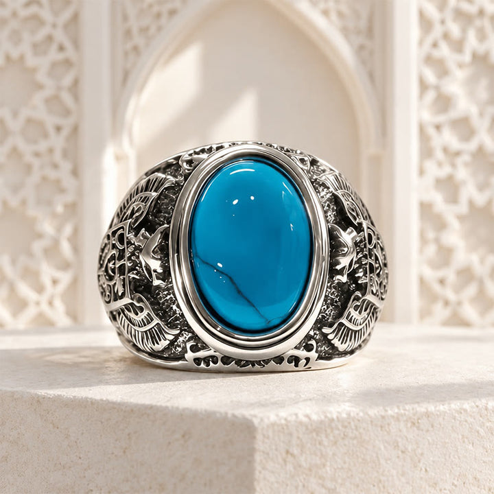 HilalHaven Eagle Crest Carved Turquoise Inlaid Silver Tone Alloy Men&