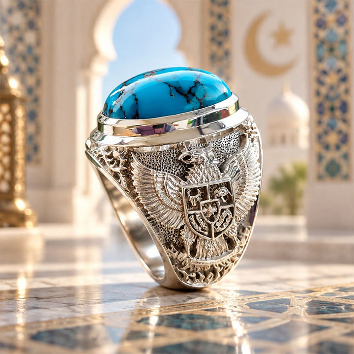 HilalHaven Eagle Crest Carved Turquoise Inlaid Silver Tone Alloy Men&