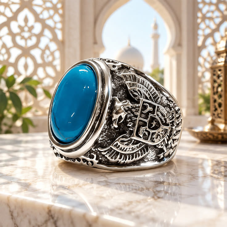 HilalHaven Eagle Crest Carved Turquoise Inlaid Silver Tone Alloy Men&