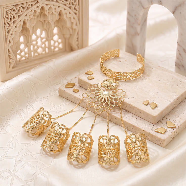 HilalHaven Filigree Bloom Gold Metal Filigree Tassel Hand Chains - Golden - image 4