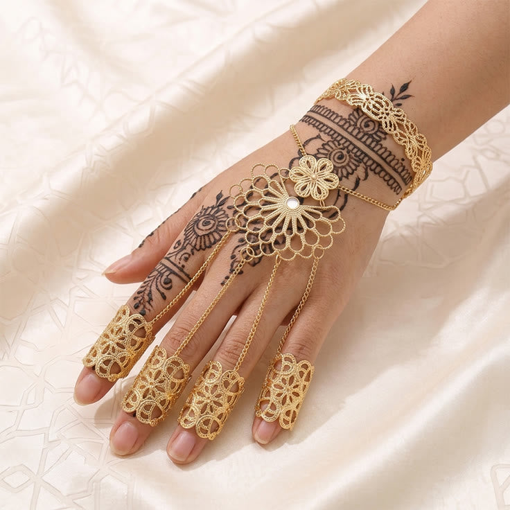 HilalHaven Filigree Bloom Gold Metal Filigree Tassel Hand Chains - image 1