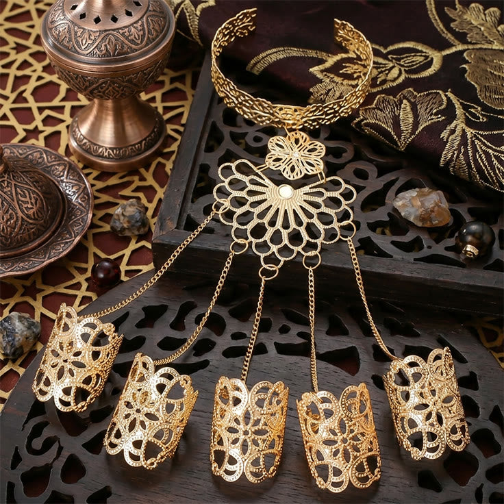 HilalHaven Filigree Bloom Gold Metal Filigree Tassel Hand Chains - image 2