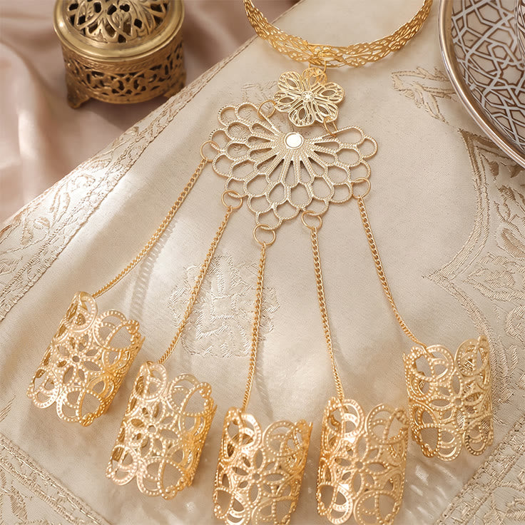 HilalHaven Filigree Bloom Gold Metal Filigree Tassel Hand Chains - image 3