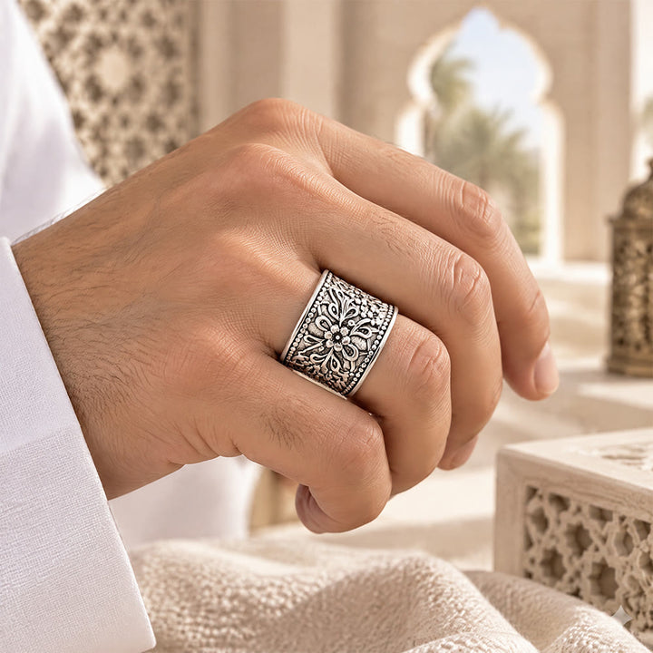 HilalHaven Vintage Bloom Islamic Floral Antique Silver Adjustable Alloy Ring - image 1