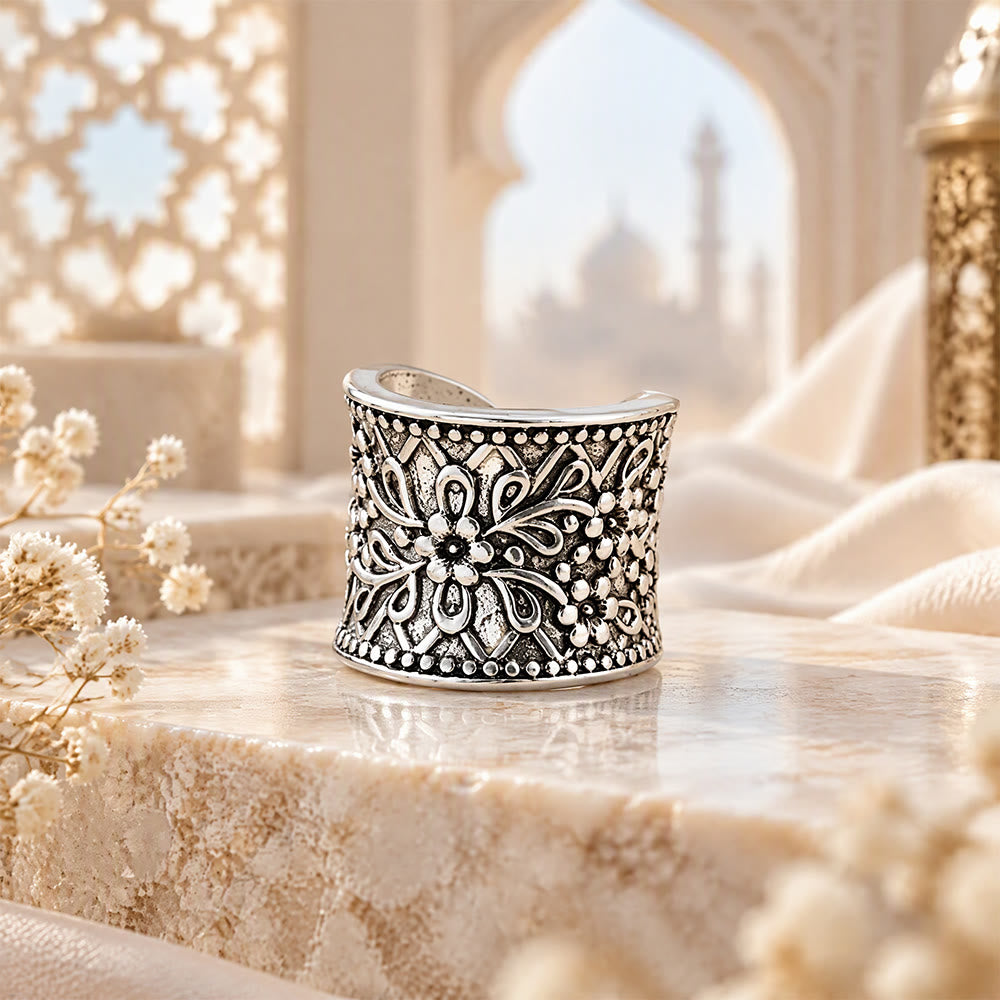 HilalHaven Vintage Bloom Islamic Floral Antique Silver Adjustable Alloy Ring - image 2