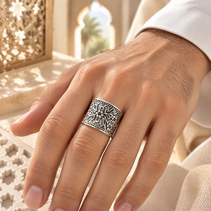 HilalHaven Vintage Bloom Islamic Floral Antique Silver Adjustable Alloy Ring - image 0