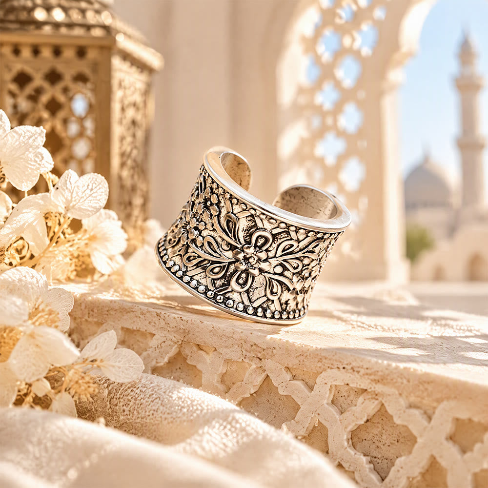 HilalHaven Vintage Bloom Islamic Floral Antique Silver Adjustable Alloy Ring - image 4