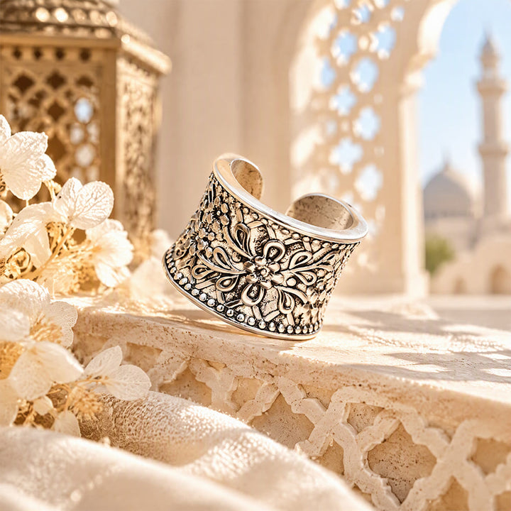HilalHaven Vintage Bloom Islamic Floral Antique Silver Adjustable Alloy Ring - image 4