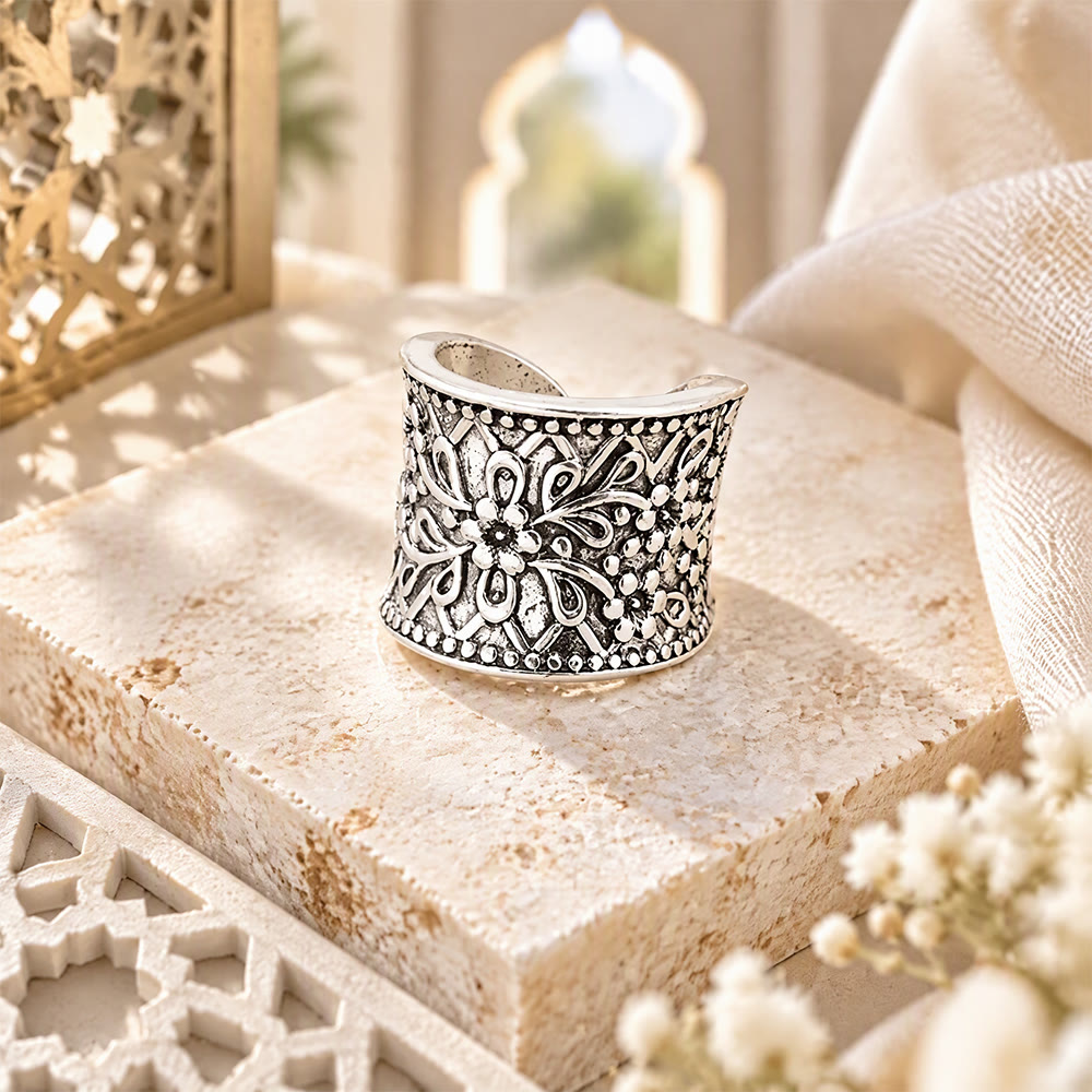 HilalHaven Vintage Bloom Islamic Floral Antique Silver Adjustable Alloy Ring - image 5