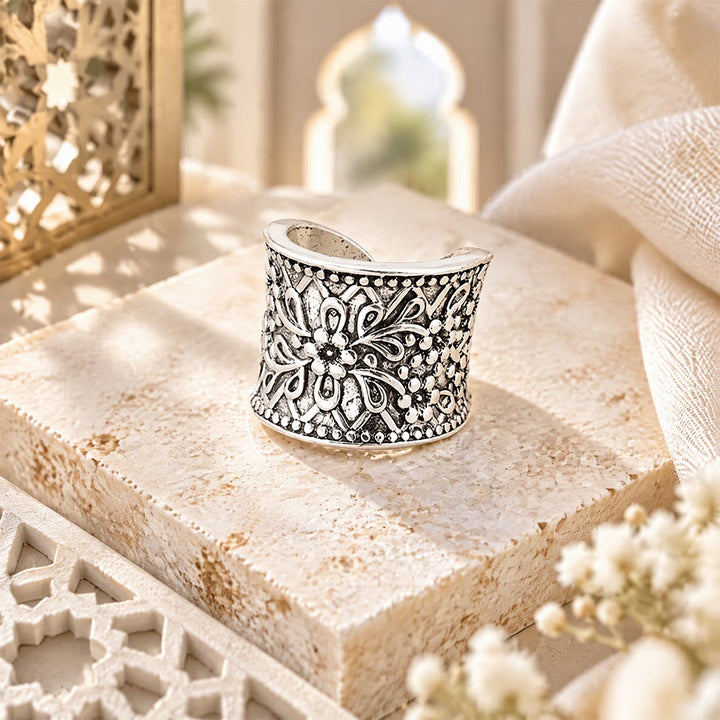 HilalHaven Vintage Bloom Islamic Floral Antique Silver Adjustable Alloy Ring - image 5
