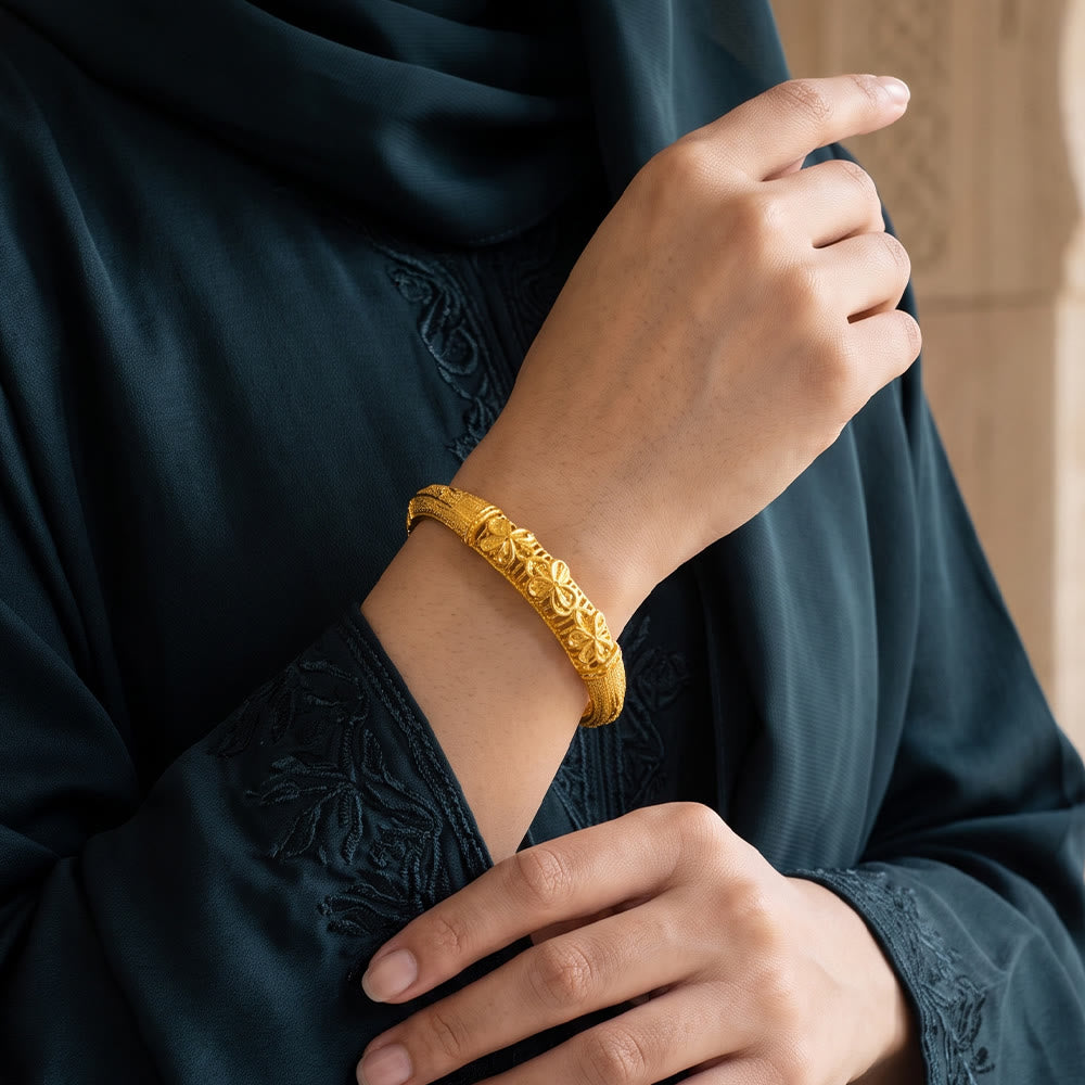 HilalHaven Golden Bloom Ethnic Embossed Floral Gold Plated Zinc Alloy Open Gold Bangle - image 0