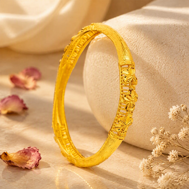 HilalHaven Golden Bloom Ethnic Embossed Floral Gold Plated Zinc Alloy Open Gold Bangle - Golden - image 3
