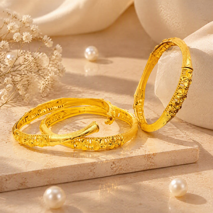 HilalHaven Golden Bloom Ethnic Embossed Floral Gold Plated Zinc Alloy Open Gold Bangle - image 2
