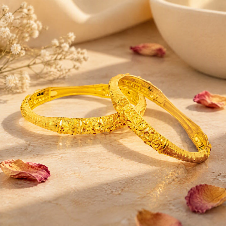 HilalHaven Golden Bloom Ethnic Embossed Floral Gold Plated Zinc Alloy Open Gold Bangle - image 1