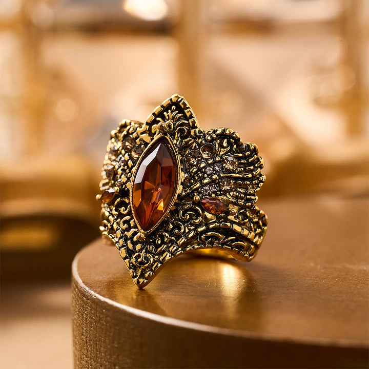 HilalHaven Arabesque Ancient Realm Spark Vintage Antique Amber Marquise Geometric Wide Face Ring - US 5 - image 1