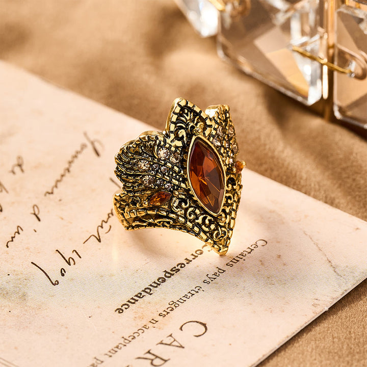 HilalHaven Arabesque Ancient Realm Spark Vintage Antique Amber Marquise Geometric Wide Face Ring - image 2