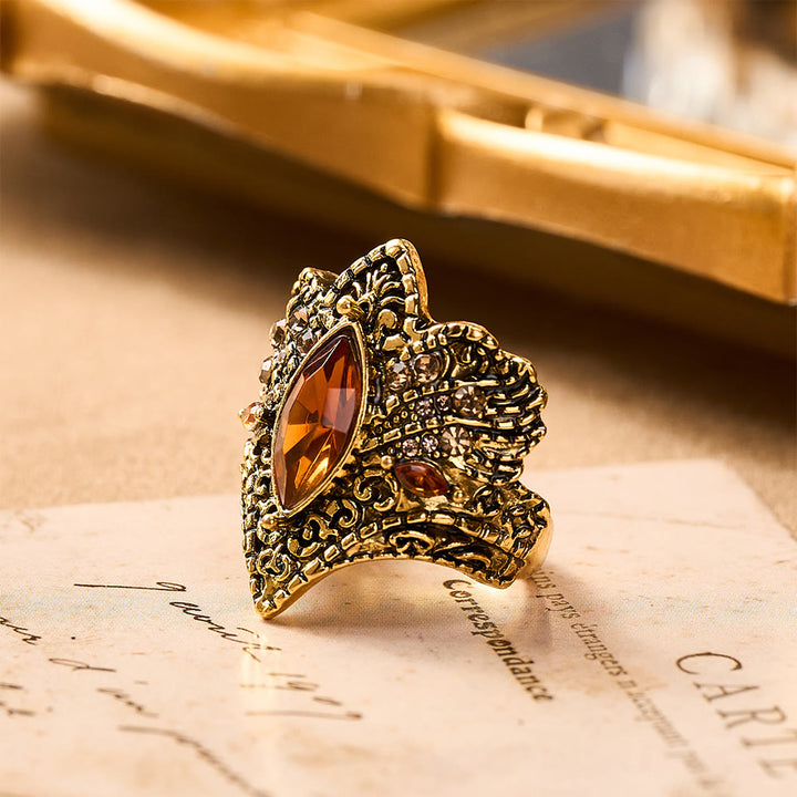 HilalHaven Arabesque Ancient Realm Spark Vintage Antique Amber Marquise Geometric Wide Face Ring - image 0