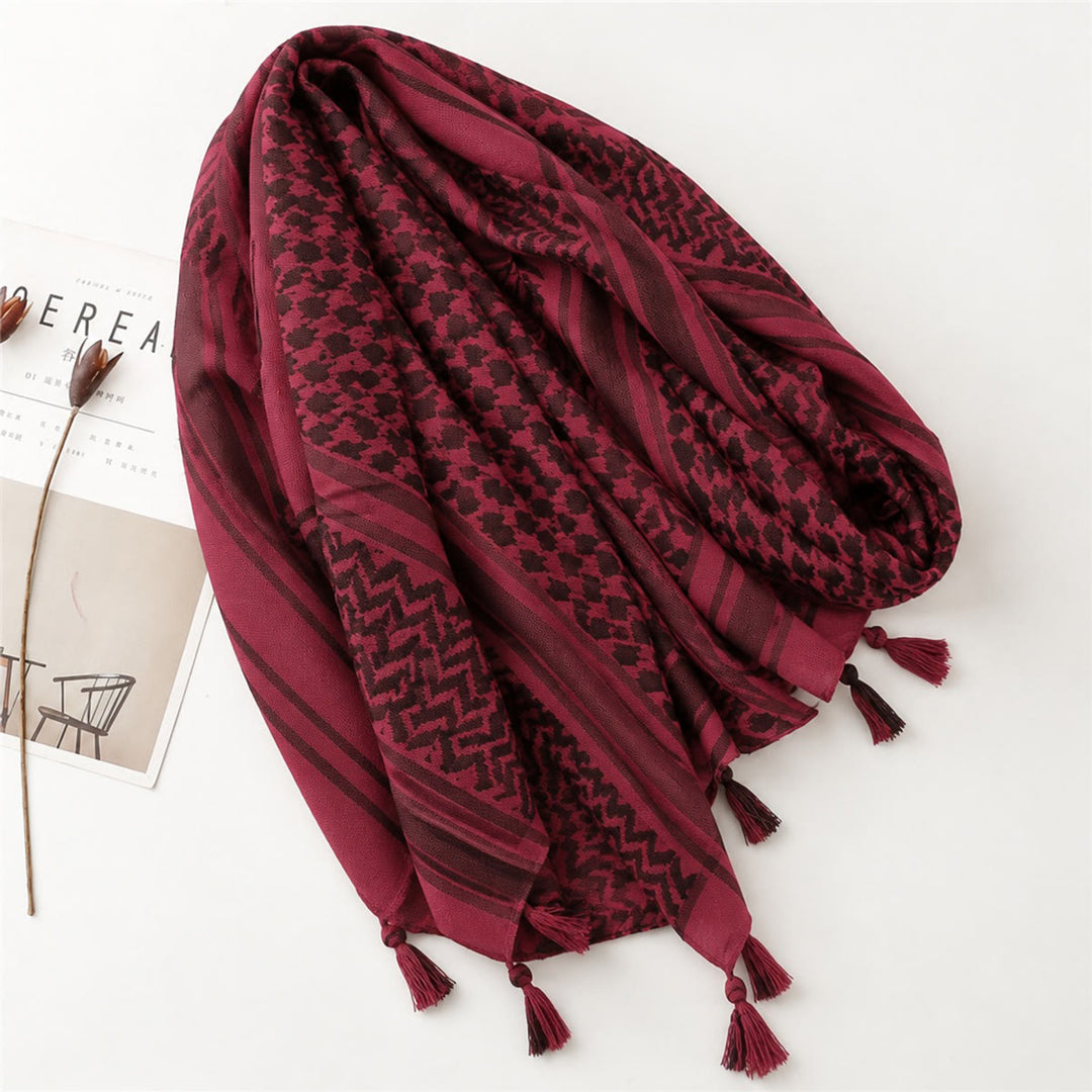 HilalHaven Crimson Nomad Ethnic Jacquard Keffiyeh Tassel Headscarf - image 5