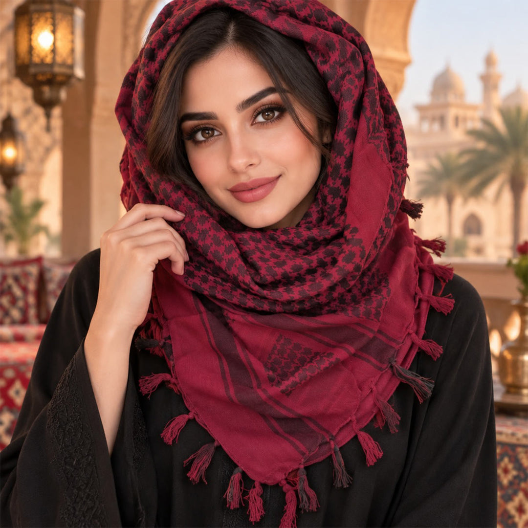 HilalHaven Crimson Nomad Ethnic Jacquard Keffiyeh Tassel Headscarf - image 2