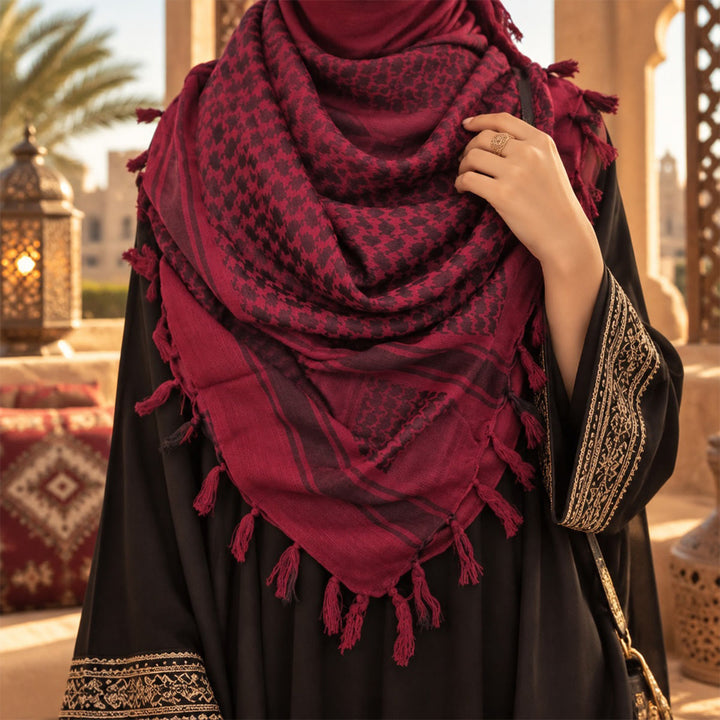 HilalHaven Crimson Nomad Ethnic Jacquard Keffiyeh Tassel Headscarf - image 3