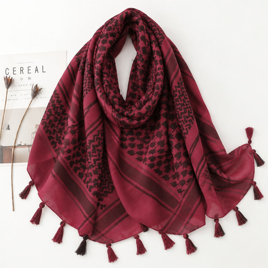 HilalHaven Crimson Nomad Ethnic Jacquard Keffiyeh Tassel Headscarf - Red - image 6