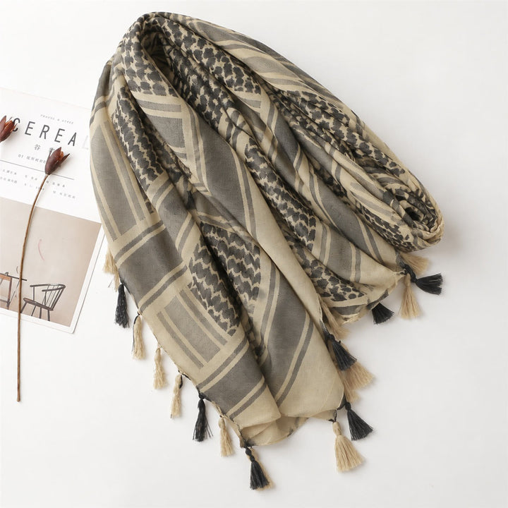 HilalHaven Neutral Weave Keffiyeh Geometric Check Cotton Tassel Scarf - image 4