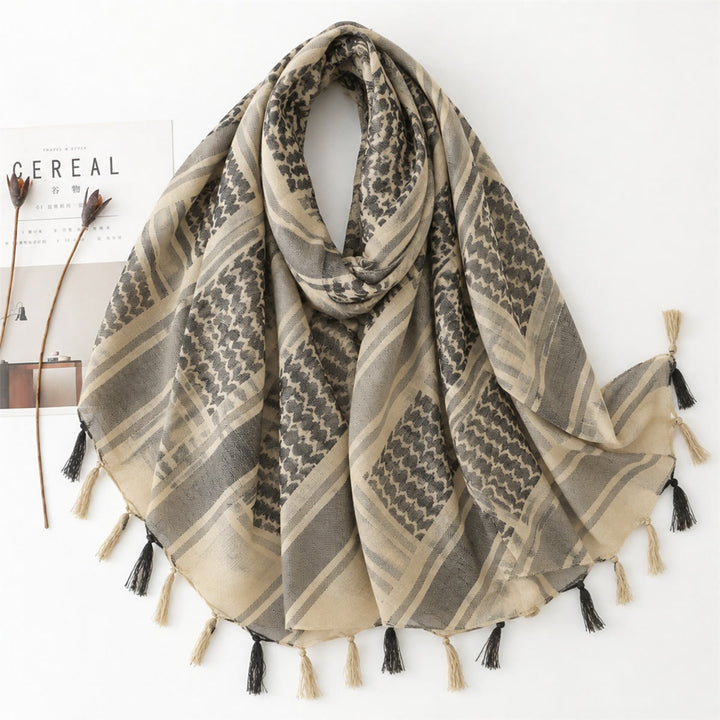 HilalHaven Neutral Weave Keffiyeh Geometric Check Cotton Tassel Scarf - Khaki - image 3