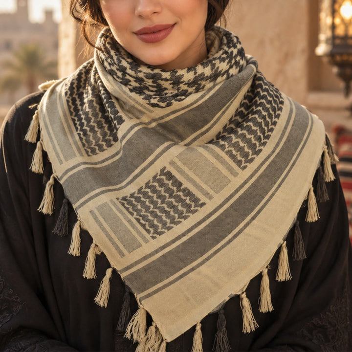 HilalHaven Neutral Weave Keffiyeh Geometric Check Cotton Tassel Scarf - image 2