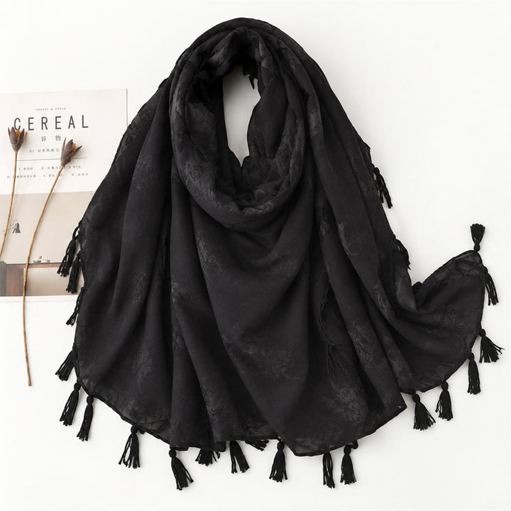 HilalHaven Shadow Petal Minimal Jacquard Cotton Tassel Square Scarf - Black - image 4