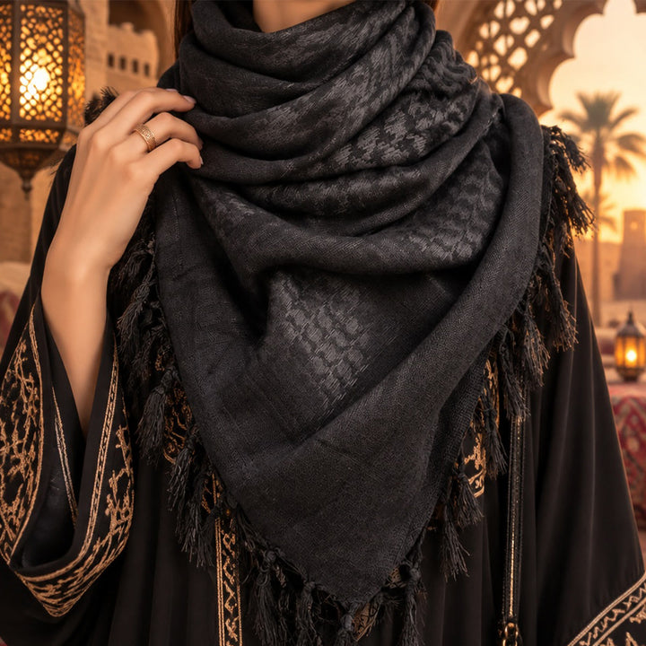 HilalHaven Shadow Petal Minimal Jacquard Cotton Tassel Square Scarf - image 2