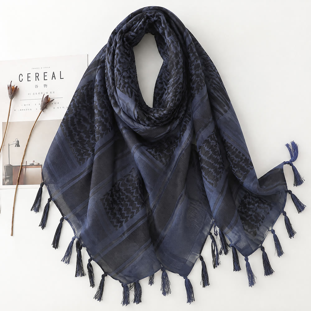 HilalHaven Twilight Tide Keffiyeh Jacquard Blue Tassel Cotton Scarf - Blue - image 3