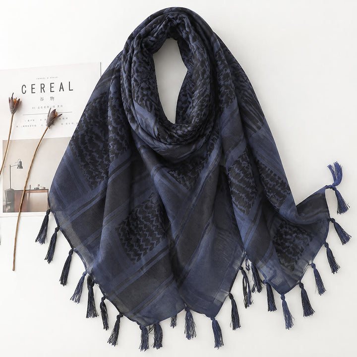 HilalHaven Twilight Tide Keffiyeh Jacquard Blue Tassel Cotton Scarf - Blue - image 3