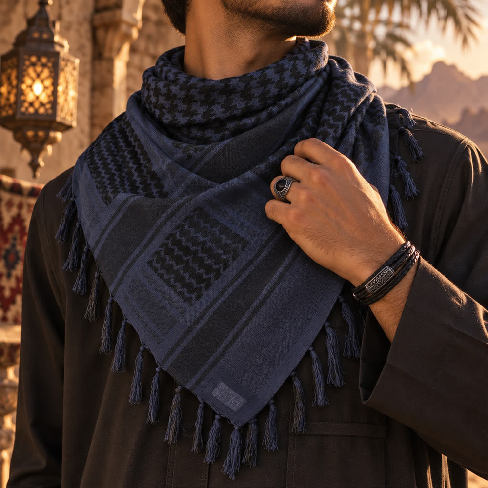 HilalHaven Twilight Tide Keffiyeh Jacquard Blue Tassel Cotton Scarf - image 0