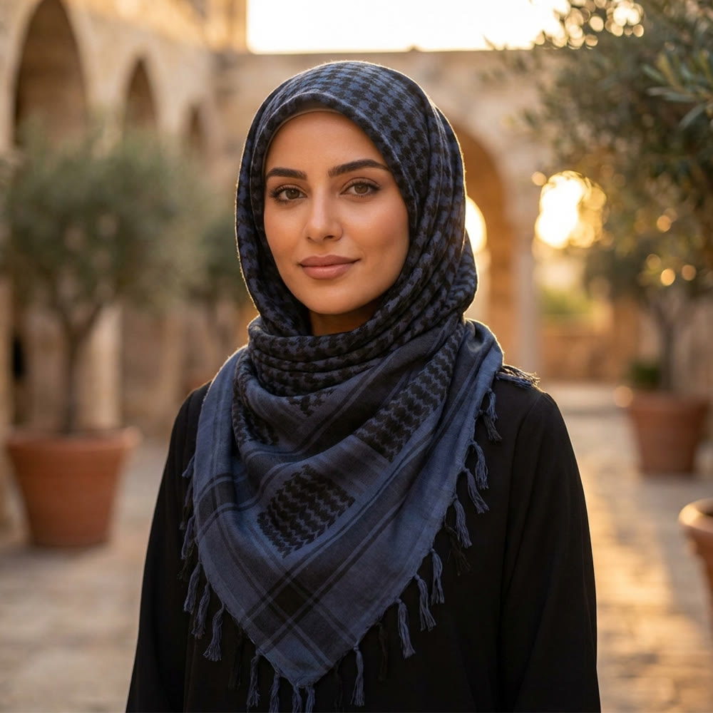 HilalHaven Twilight Tide Keffiyeh Jacquard Blue Tassel Cotton Scarf - image 2