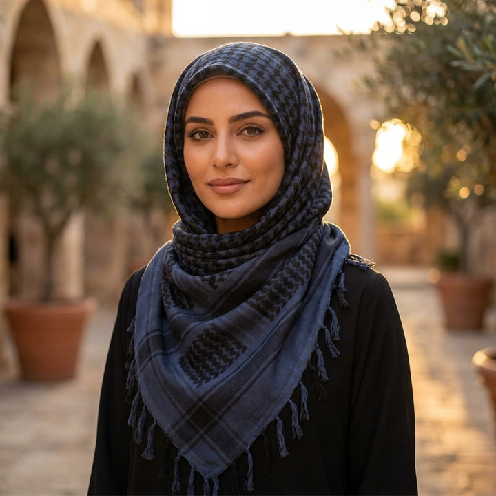 HilalHaven Twilight Tide Keffiyeh Jacquard Blue Tassel Cotton Scarf - image 2
