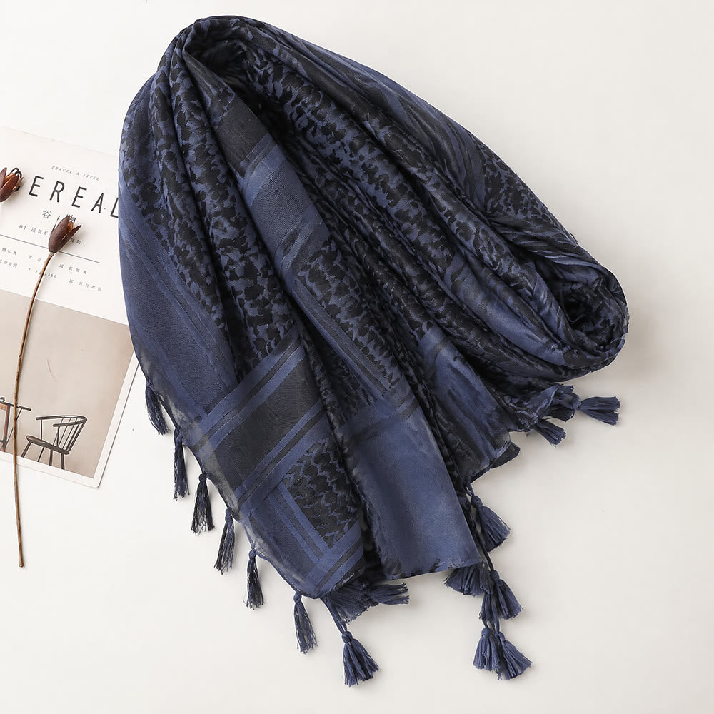 HilalHaven Twilight Tide Keffiyeh Jacquard Blue Tassel Cotton Scarf - image 4