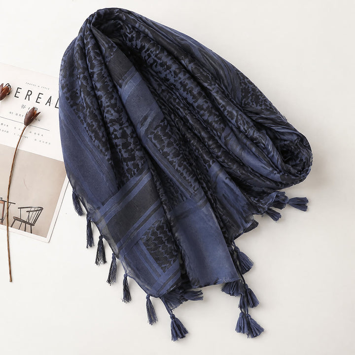 HilalHaven Twilight Tide Keffiyeh Jacquard Blue Tassel Cotton Scarf - image 4