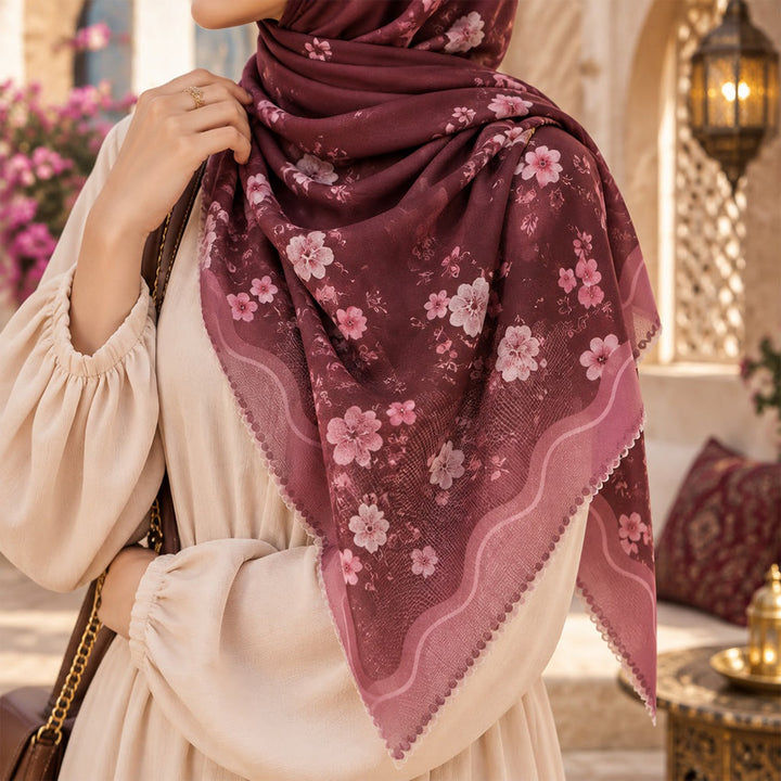 HilalHaven Plum Bloom Sheer Bali Chiffon Floral Hijab Scarf - image 0