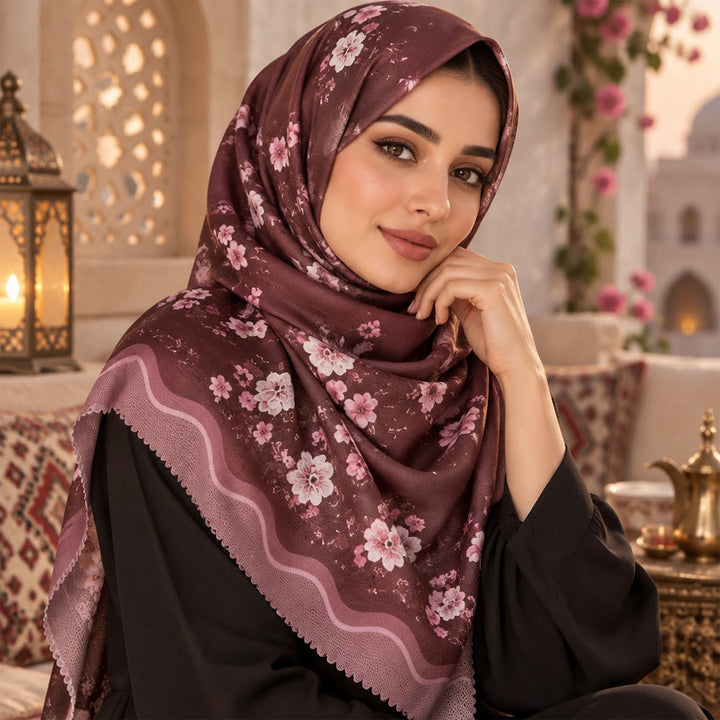 HilalHaven Plum Bloom Sheer Bali Chiffon Floral Hijab Scarf - image 1