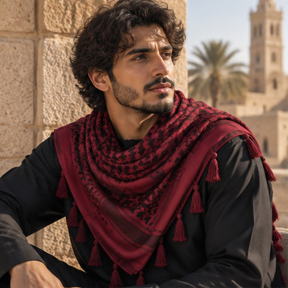 HilalHaven Crimson Nomad Ethnic Jacquard Keffiyeh Tassel Headscarf - image 0