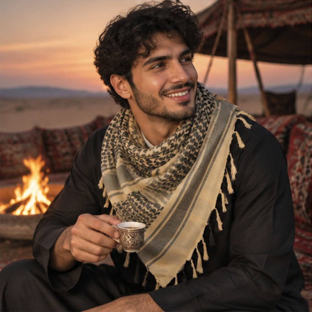 HilalHaven Neutral Weave Keffiyeh Geometric Check Cotton Tassel Scarf - image 1
